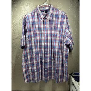 Lands' End Pink Blue White Plaid Cotton‎ Button Short Sleeve Shirt Size XXL